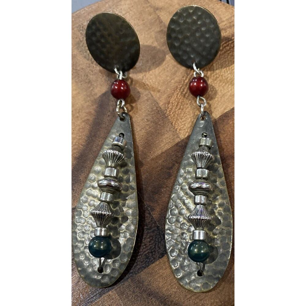 Handmade Artisan Dangle Beaded Earrings Hammered Metal Southwestern Copper Tone